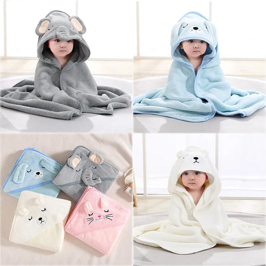 Cartoon Animal Baby Bath Towel Newborn Girl Boy Wrap Blanket Absorbent Baby Bathrobe Hooded Coral Fleece Bath Towels 0-12 Months