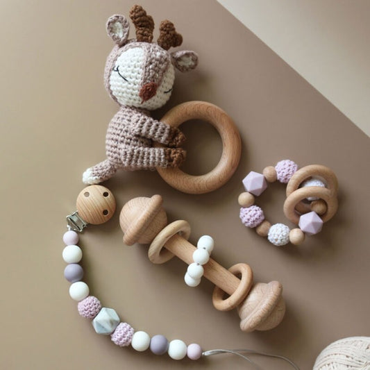 "Adorable Handmade Crochet Fox Elk Teether Rattle - a Soothing and Educational Toy for Newborns and Teething Babies"