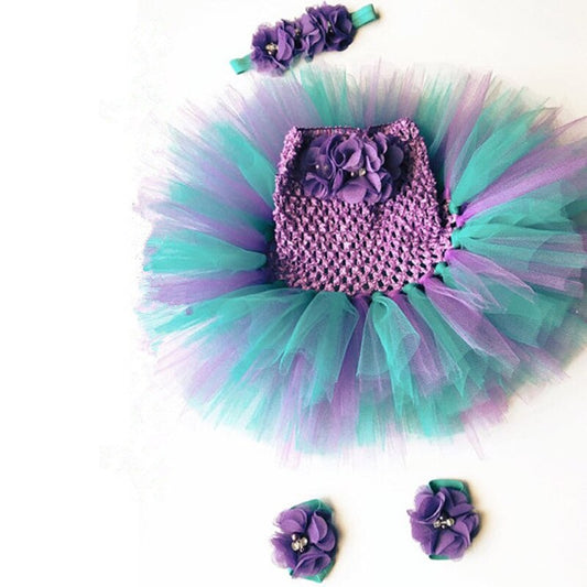 "Adorable Baby Girls Flower Crochet Tutu Dress with Hairbow and Foot Rings - Perfect for Newborn Birthday Parties!"